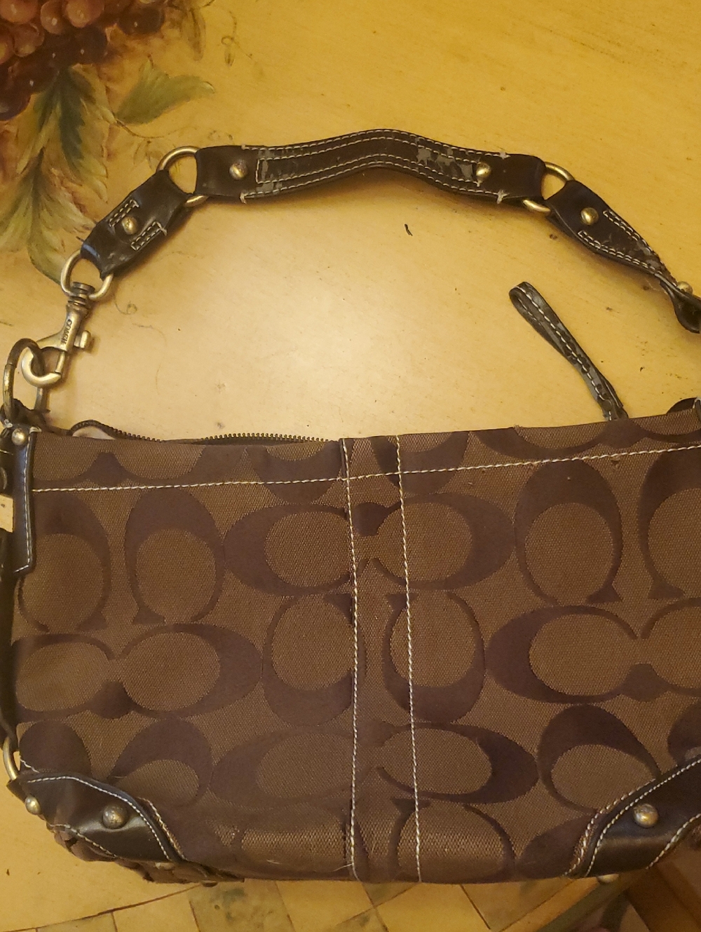 Coach Brown Signature Canvas Shoulder Bag with Leather Trim